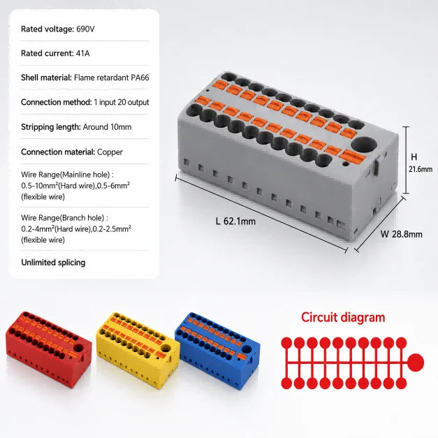 Distribution Terminal Block 1 In 12 Out DIN Rail Push In Electrical Connection Strip 41A 690V Copper Busbar Power Distributor