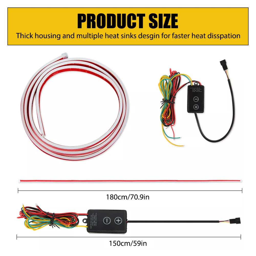 1Pc 1.8m/5.9ft Flexible Car Hood LED Meteor Strip Lights White Yellow Dynamic Scan Start Up Hoodbeam Kit For SUVs Trucks Vans