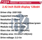 2.42 inch 2.42" OLED Display Module 128x64 LCD HD Screen Module SSD1309 7 Pin SPI/IIC I2C Serial Interface for Arduino UNOR3