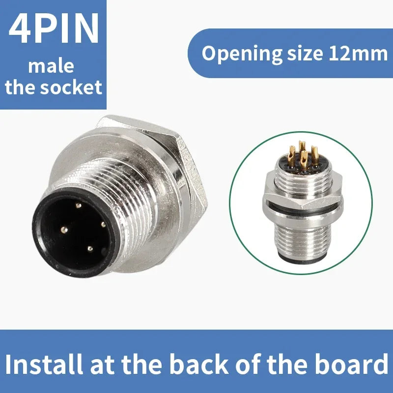 M12 male and female socket  4 5  8  pins weld IP67/68 Install front/rear panel waterproof circular connectors
