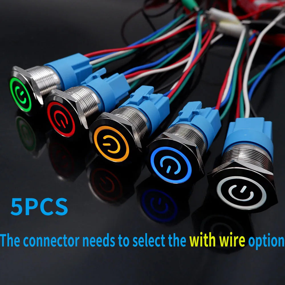 5PCS 16/19/22MM Waterproof Metal Push Button Switch LED Light Momentary Latching Car Engine Power Switch Socket 5V 12V 24V 220V