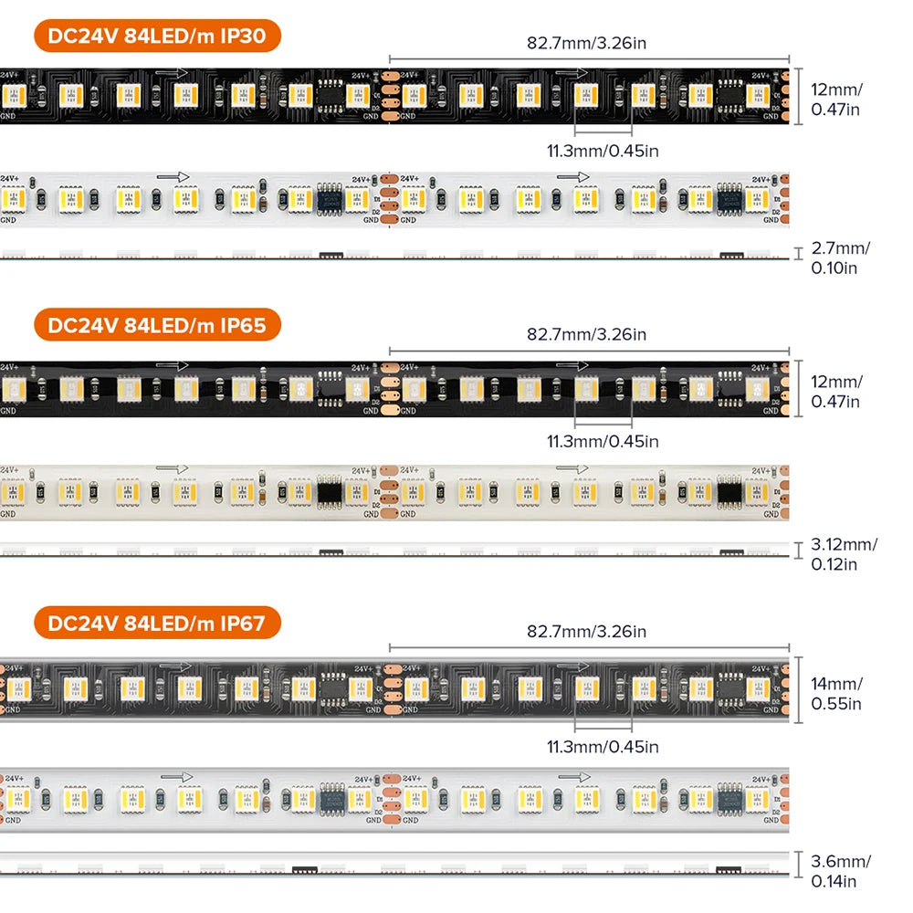 WS2805 Pixels LED Strip Light RGBCCT 5 in 1 Addressable LED Lights Dual Signal RGB WW CW 3000K-6500K DC12V 24V 1 IC to 3/6/7 LED