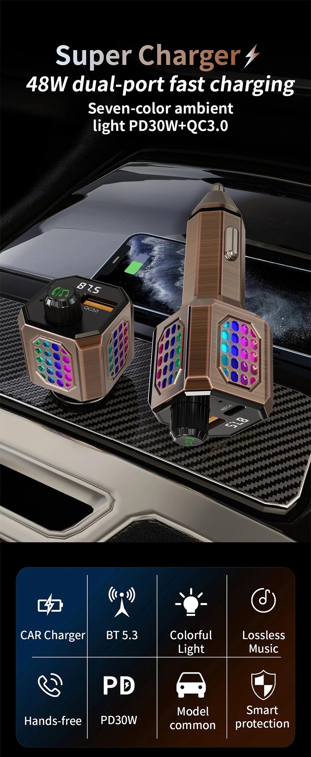 Car Adapter Bluetooth FM Transmitter For Car PD30W&QC3.0 Car Charger Bluetooth Adapter Zinc Alloy Color Light Hands-Free