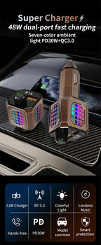 Car Adapter Bluetooth FM Transmitter For Car PD30W&QC3.0 Car Charger Bluetooth Adapter Zinc Alloy Color Light Hands-Free