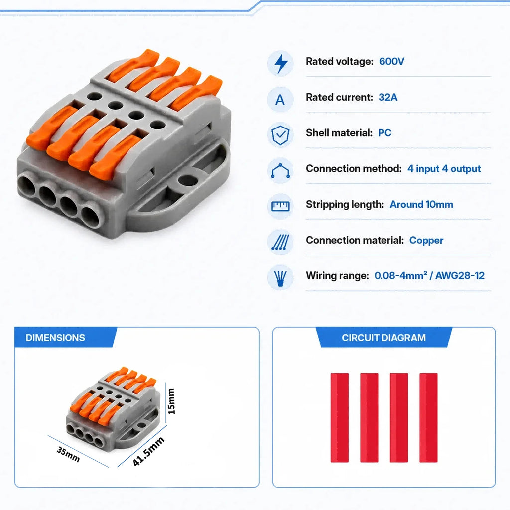 2P-30P Lever Electrical Wire Connector Terminal Block Electrical Cable Connectors Wire Terminals 1 In 1 Out Screw Mount 600V 32A