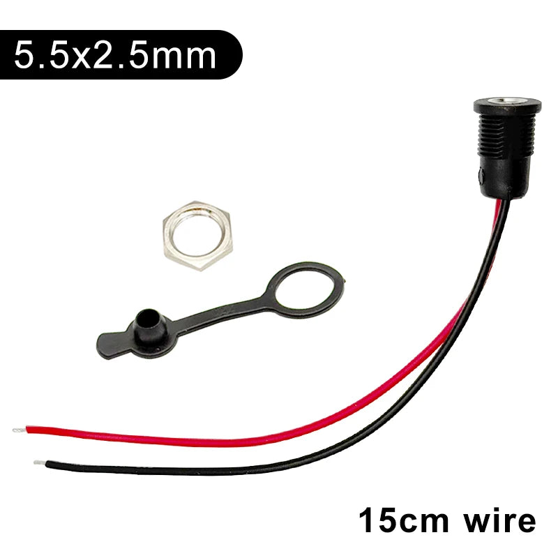 5.5*2.1mm/5.5*2.5mm 10A High Current DC Power Socket DIY Waterproof Connector with Nut Snap / 15cm Wire / Waterproof Cap