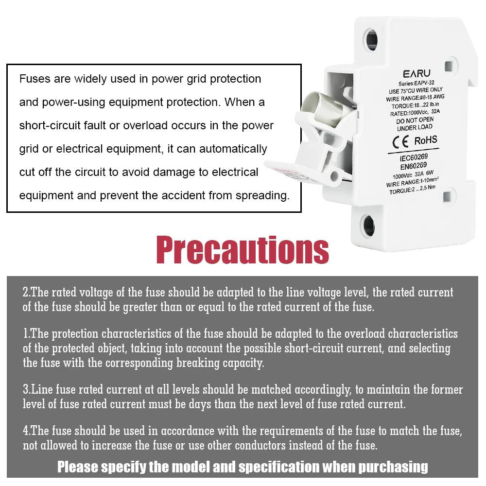 EARU Din Rail Solar Fuses DC 1000V 1500V PV Photovoltaic 20A 25A 30A Fuse Holder Base Solar System Short Circuit Protection GPV