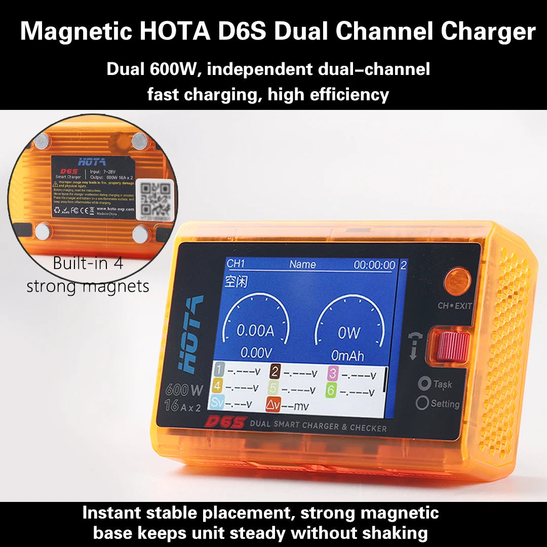 HOTA D6S RC Lipo Battery Charger Magnetic Suction Dual Channel Smart Balance 600W High Power 1-6S Smart Balance Charger