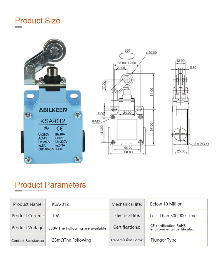ABILKEEN Stainless Steel IP66 Waterproof KSA Series Industrial Machine Limit Switch Multiple Styles Limit Switch Available