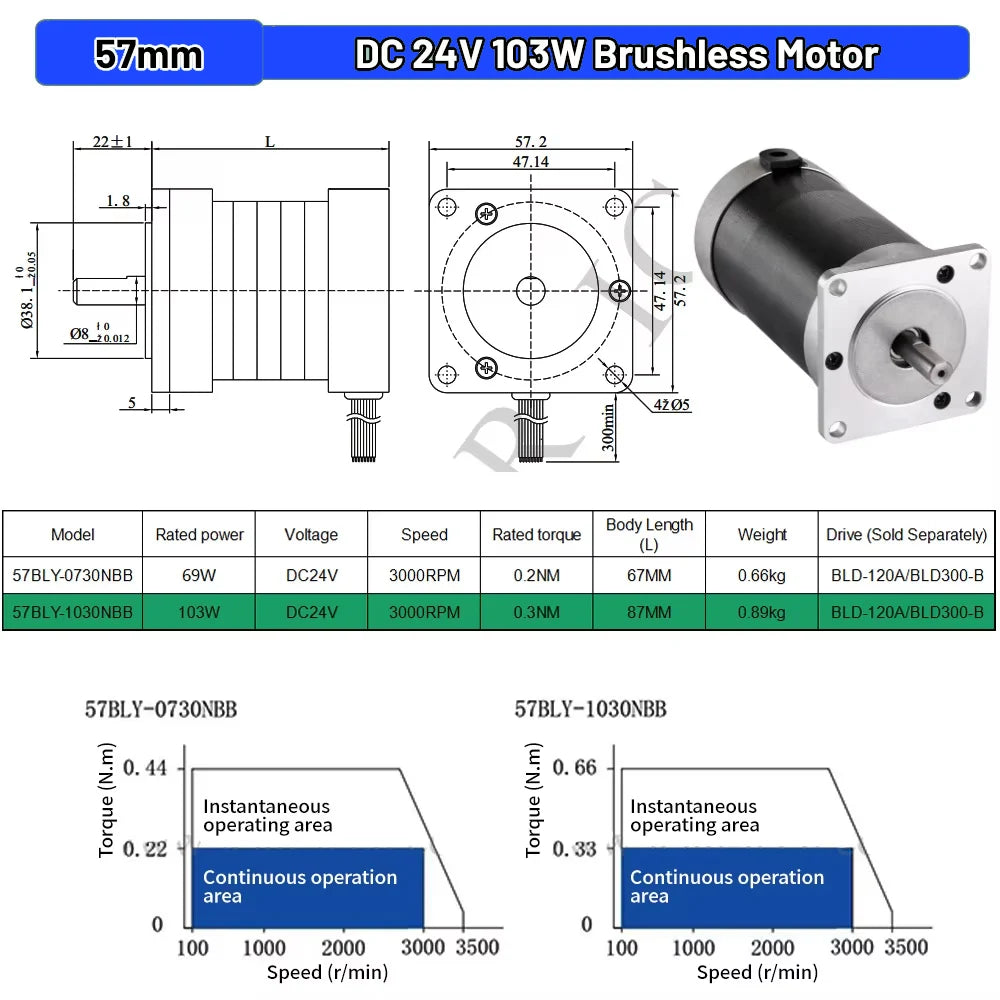 Nema23 57mm Brushless BLDC Motor 65W 69W 130W 188W DC 24V AC 220V 8mm Shaft Hall Sensor Motor 3000RPM 0.6Nm For CNC
