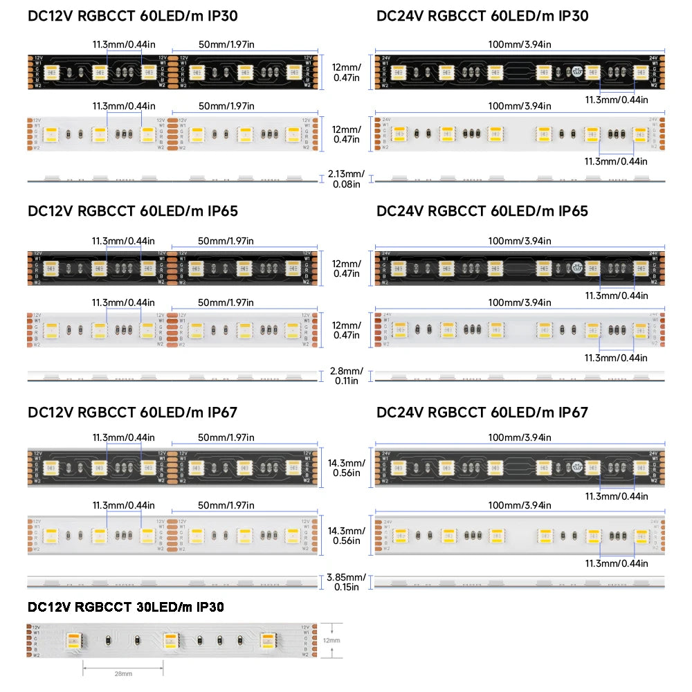 5m 12V 24V 5050 RGBCCT 5 in 1 LED Lights RGB WW CW 2700 - 6500K Strip Light RGBW RGBWW RGBCW 6pin Ribbon 30 60 LEDs/m IP30 65 67