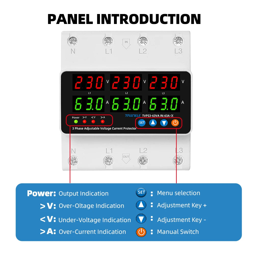 3 Phase Din Rail Voltmeter Ammeter Adjustable Over Under Voltage Current Limit Protection Monitor Relays Protector 63A 100A