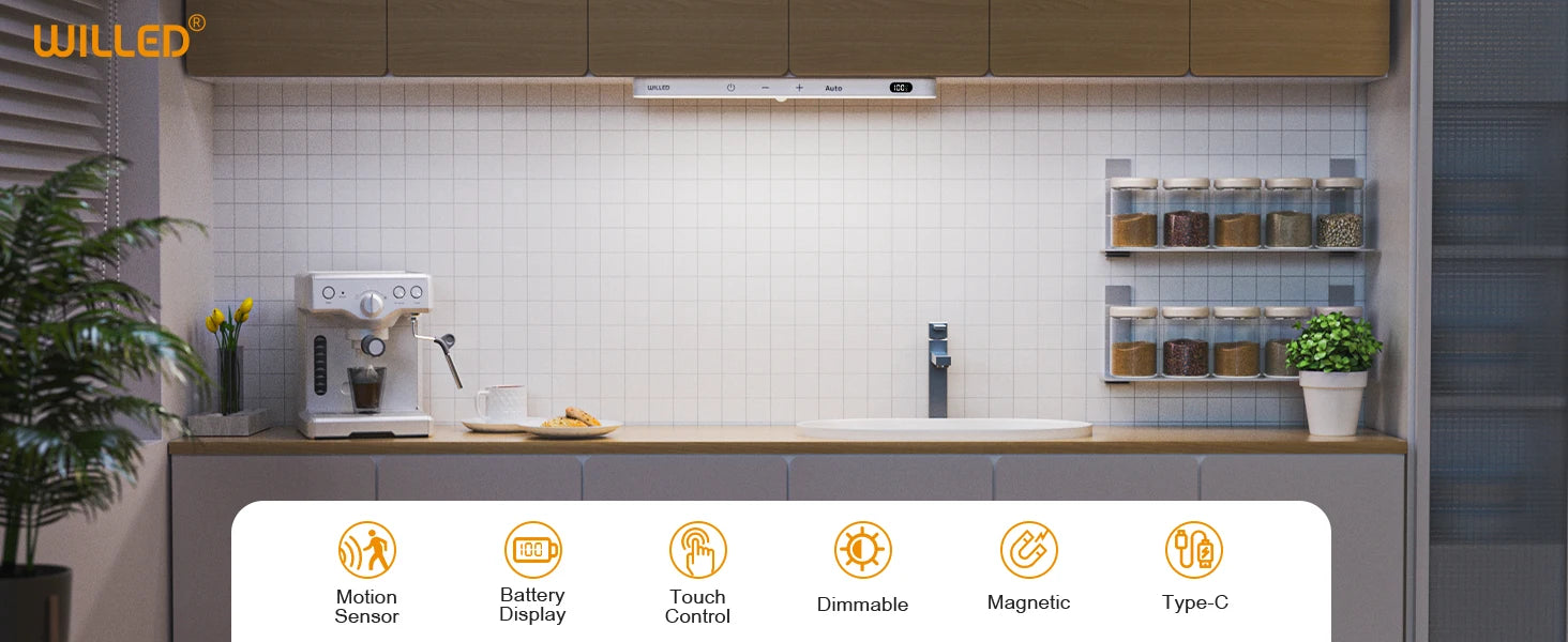 WILLED Under Cabinet Lights Rechargeable Battery Display 60 LED Touch Light Bar Motion Sensor Light Closet Light Night Lights