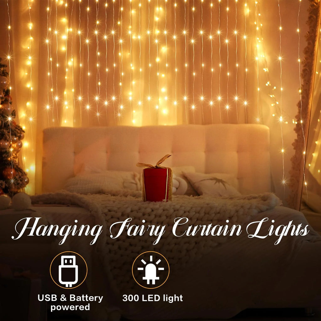 Monochrome Curtain Light, Warm White/White Light, 300LEDs Smart Wall Light, Waterfall Light, Remote Control Timing, Bedroom, Background Wall, Party, Halloween, Christmas Indoor and Outdoor Decoration