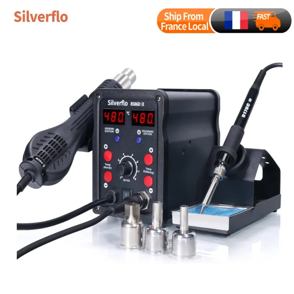 Silverflo 8586D-II Soldering Station 2 IN 1 Soldering Iron Hot Air Station Welding Rework Station With10-Minute Sleep Mode
