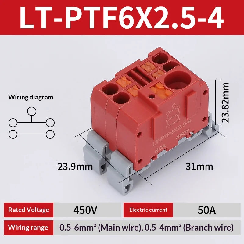 Push-in Terminal Block PTF6X2.5mm One in Multiple Out Splitter Spliceable Wire Connectors DIN Rail Junction Box Electrical Joint