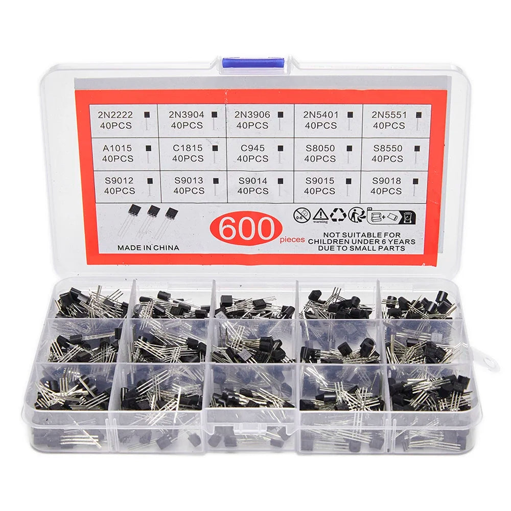 600PCS TO-92 Transistor Diodes Assorted Set 15 Types Pack of 40 Each including 2N2222 & S9018 for Electronics Projects