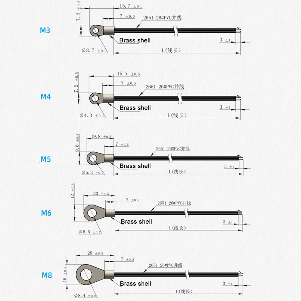 10PCS NTC Temperature Sensor OT Probe with Copper Ring 5K 10K 20K 50K 100K Thermistor B3950 1% Threaded Mounting