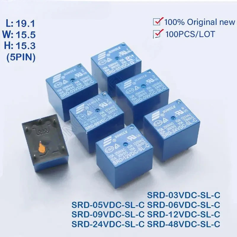 100Pcs/lot  SRD-05VDC-SL-C SRD-12VDC-SL-C SRD-24VDC-SL-C SRD -03V 05V 06V 09V 12V 24V 48V DC Power Relays 10A 250VAC 5PIN T73