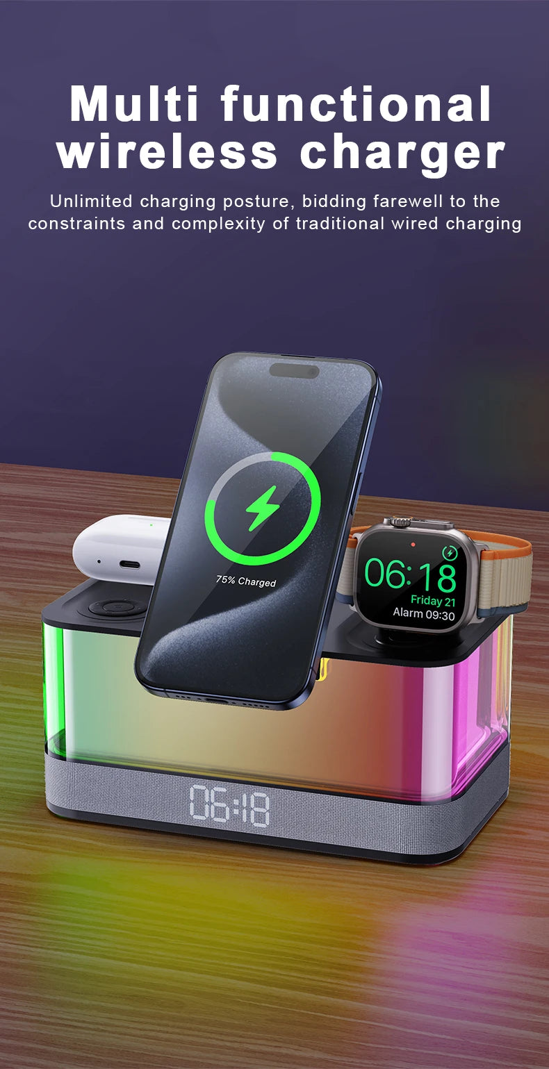 Domars Wireless Charger with Colorful Night Light and Built-In Audio Speaker Supports Fast Charging for Smartphones Earphones