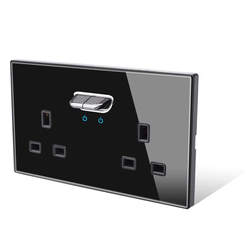 146 13a Reset Toggle Tempered Glass 2Gang UK Socket Switch Combination Panel Power Socket Office Hotel Home Villa Decoration