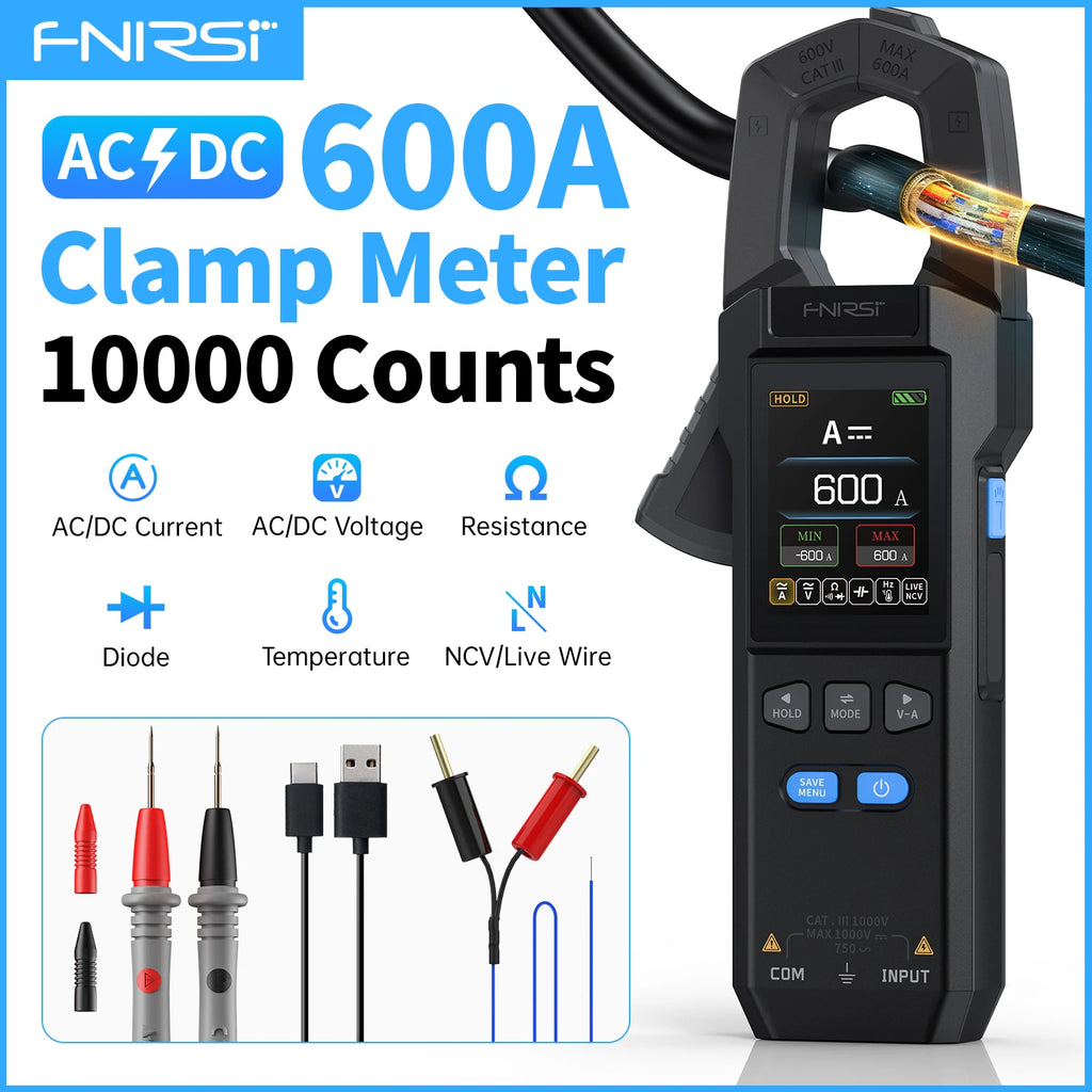 FNIRSI DMC-100 DC AC Current Clamp Meter 10000 Counts Digital Multimeter USB Charger 600A Amperimetric Clamp Electrician Tools