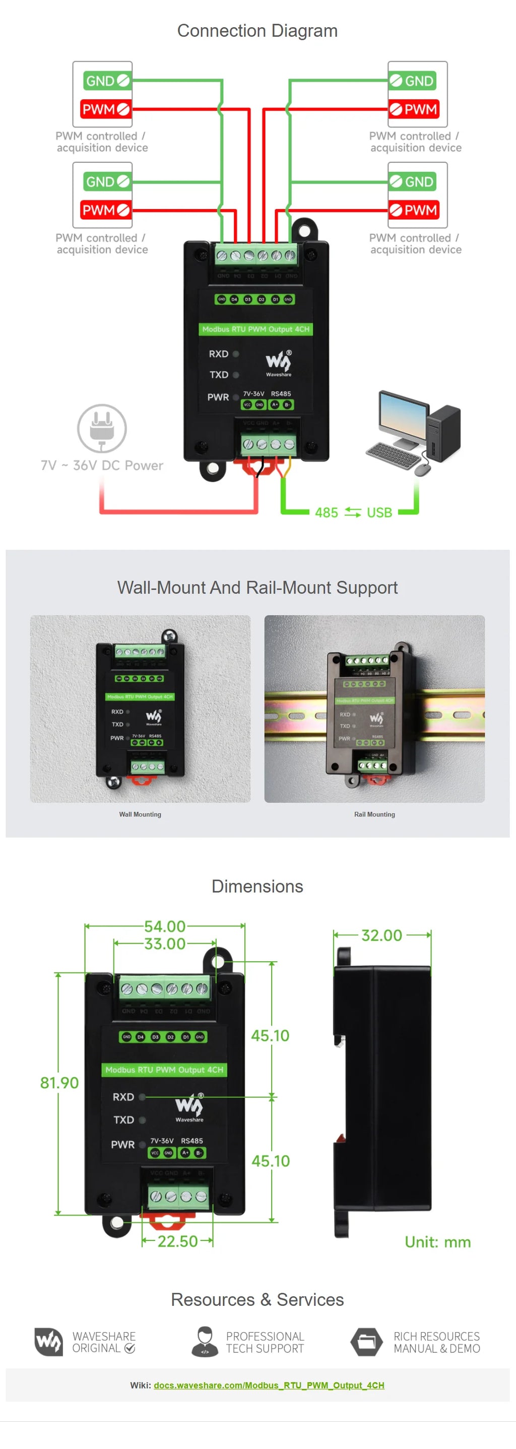 Waveshare Industrial 4-Ch PWM Output Module, Modbus RTU Protocol,RS485 Interface, Adjustable Frequency and Duty Cycle