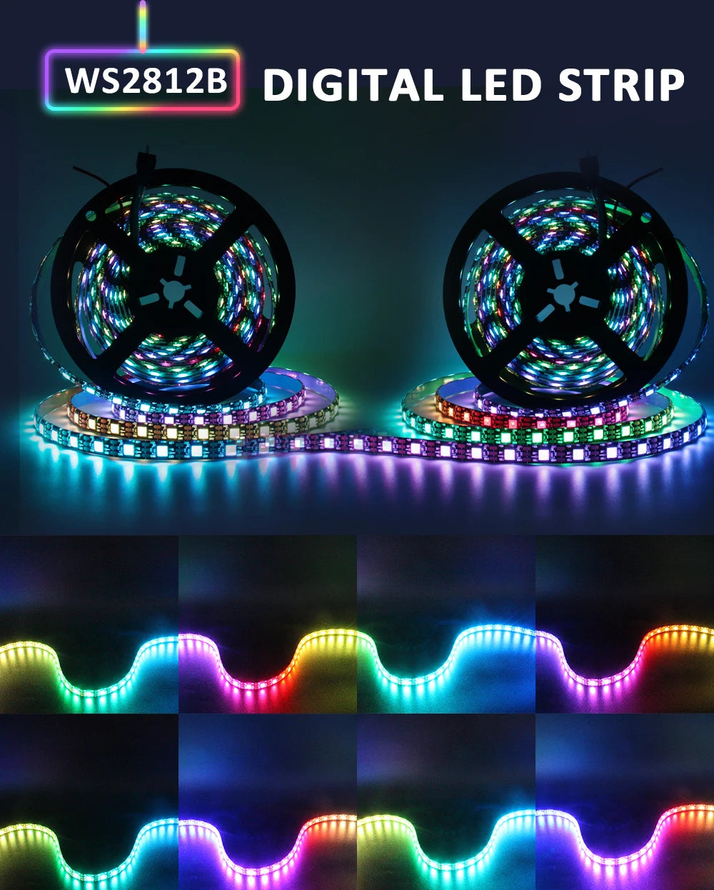 WS2812B RGBIC LED Strip Light 5V DC 5050 300LED SMD Digital LED Tape Ribbon Lamp Black PCB Waterproof Addressable RGB IC Stripe