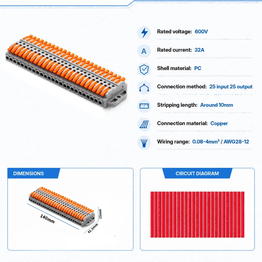 2P-30P Lever Electrical Wire Connector Terminal Block Electrical Cable Connectors Wire Terminals 1 In 1 Out Screw Mount 600V 32A