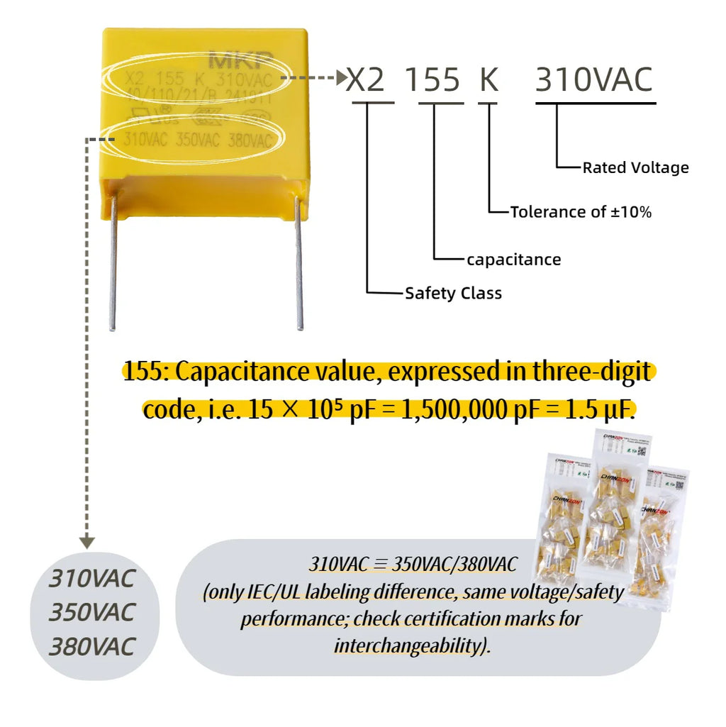 X2 Safety Capacitor 275VAC 0.001UF to 2.2UF Polypropylene Film Capacitor for Electronic Circuit Repair