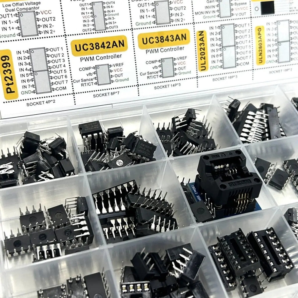 150Pcs Assorted IC Chip Kit Op-Amp Oscillator PC817 NE555 LM358 LM324 Transistor Array Electronic Components Set with Sockets