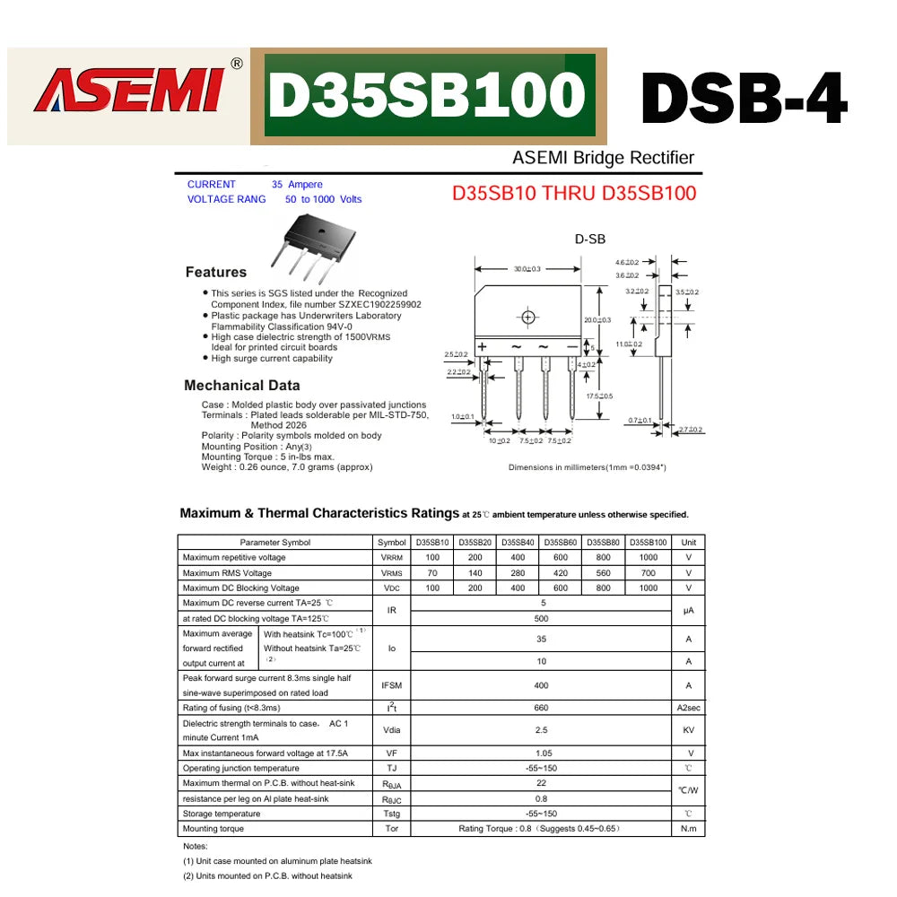 D35SB100 Bridge Diode Rectifier 35A 1000V ASEMI