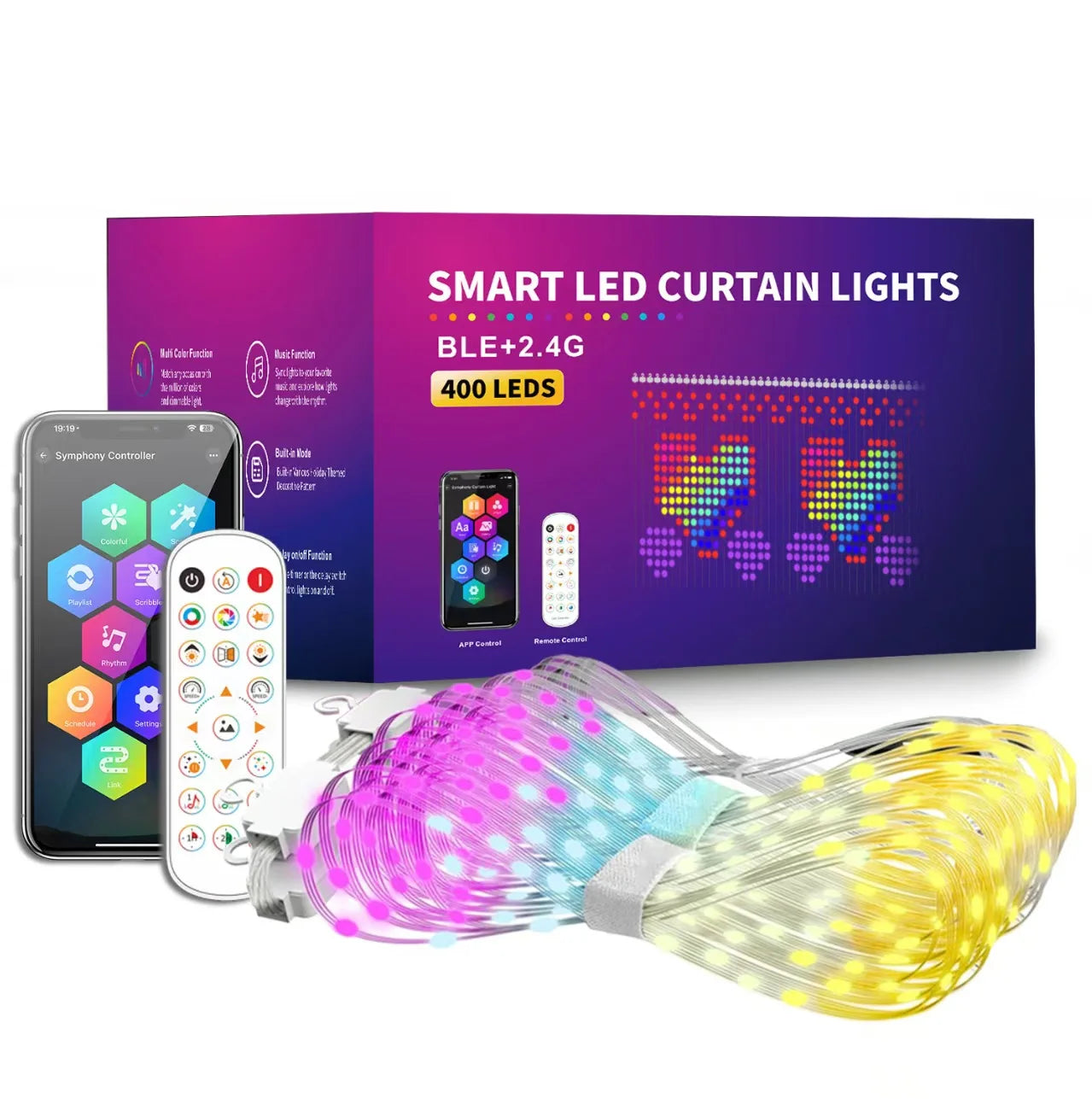 Smart RGB LED Curtain Fairy Lights, Remote-Controlled & Music-Synchronized, Indoor Outdoor Christmas Decoration Lights