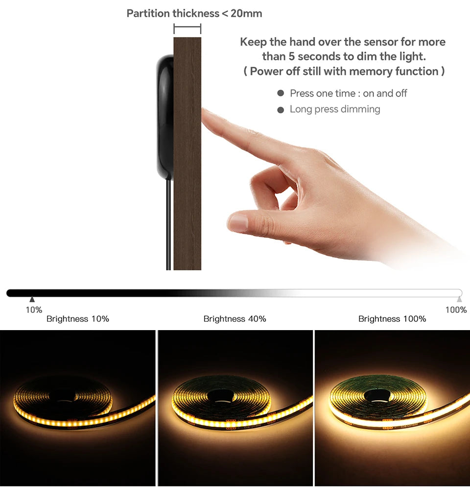 12V Acoustic Wall Panel Decor Lamp More Covert Dimmable Black PCB COB Light Strip With Touch Swtich,For TV Cabinet Backlight