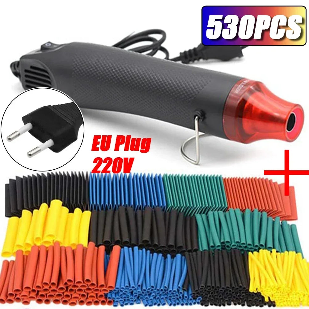 Electrical Mini Heat Gun Handheld Hot Air Gun with 80/530/127PCS Heat Shrink Butt for DIY Craft Embossing Shrink Wrapping PVC