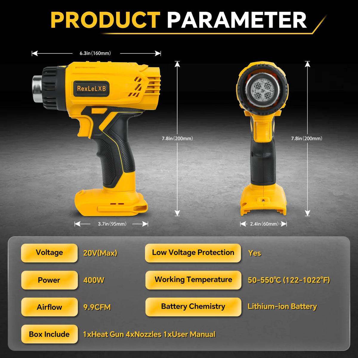400W Cordless Heat Gun Adjustable Temperature 50℃-550℃ Fast Heating Hot Air Gun Shrink Wrapping for Dewalt 20V Battery Pin