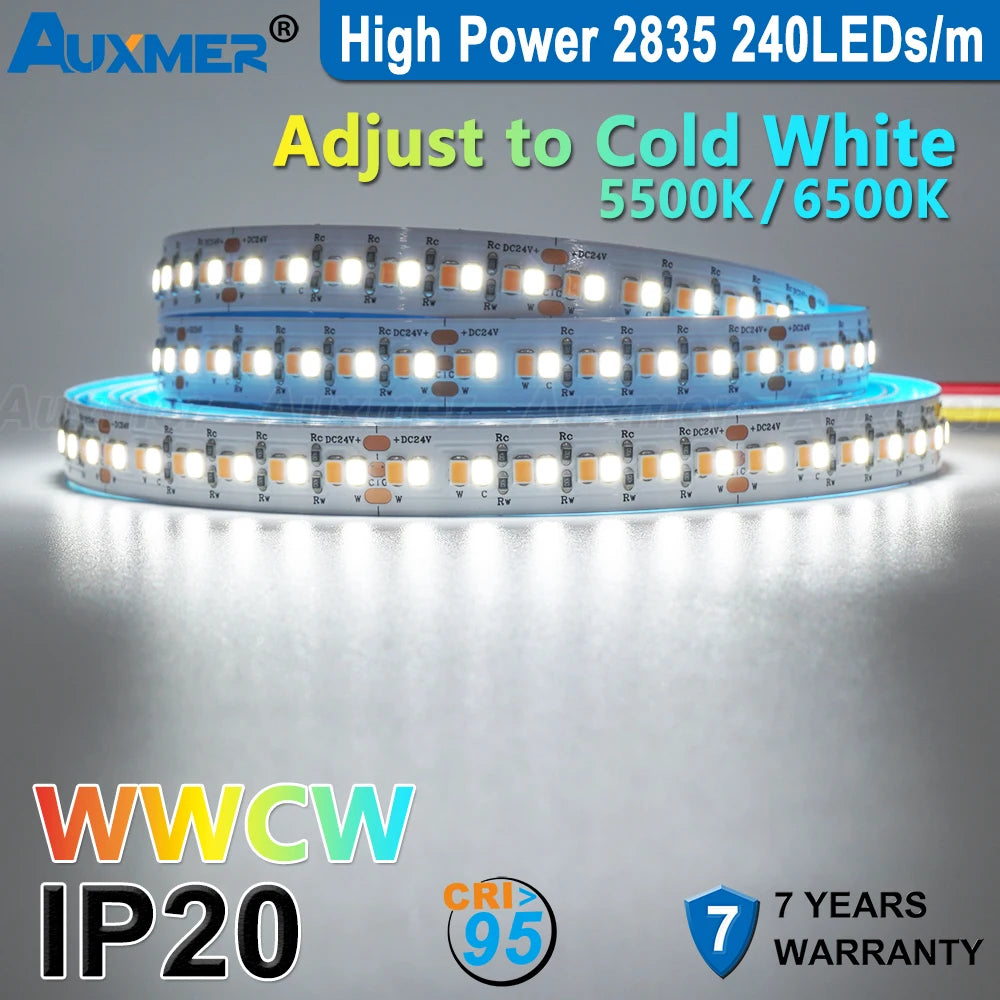Auxmer 2835 WWCW LED Strip Lights,120LEDs/m 240LEDs/m,CRI＞95 Super Bright Flex LED DC12/24V,5m/reel,CCT 2400~6500K,IP20,3SDCM