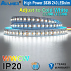 Auxmer 2835 WWCW LED Strip Lights,120LEDs/m 240LEDs/m,CRI＞95 Super Bright Flex LED DC12/24V,5m/reel,CCT 2400~6500K,IP20,3SDCM