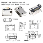 100/1000PCS Micro USB Android Female Charging Socket, Flat Edge Crimped Type, 5Pin, 4 Mounting Pins, SMD & DIP Tail Connector