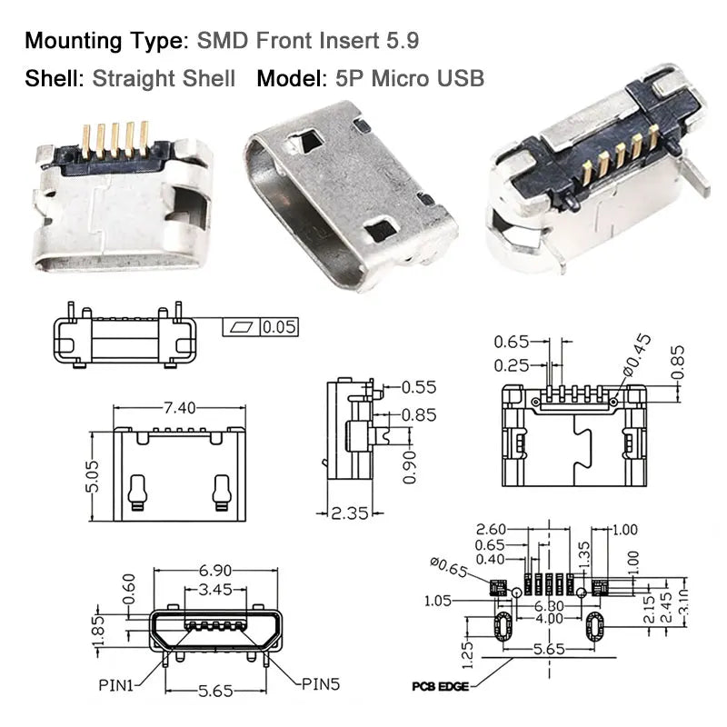 100/1000PCS Micro USB Android Female Charging Socket, Flat Edge Crimped Type, 5Pin, 4 Mounting Pins, SMD & DIP Tail Connector
