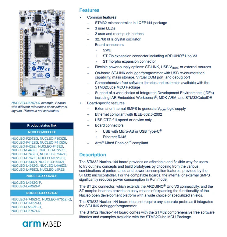 NUCLEO-F767ZI Development Boards & Kits - ARM STM32 Nucleo-144 Development Board STM32F767ZI MCU