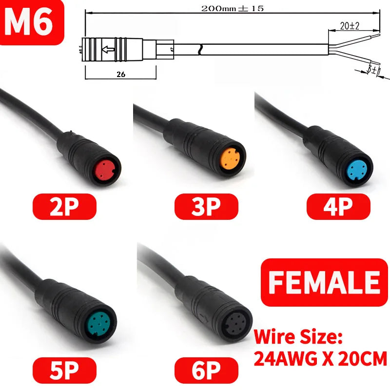 5/10 Set M6/M8 Julet Electric Butt Plug Connectors - 2/3/4/5/6 Pin, for Scooter Brake Cable & Signal Sensor (20CM)