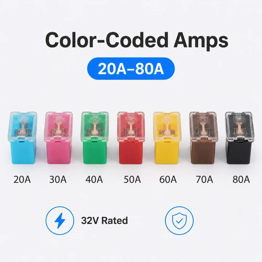 Car Mini Square Fuse 32V 20A-80A Slow Blow Copper Wire Overload Circuit Protection Insert for Car Truck RV Motorcycle Vehicle