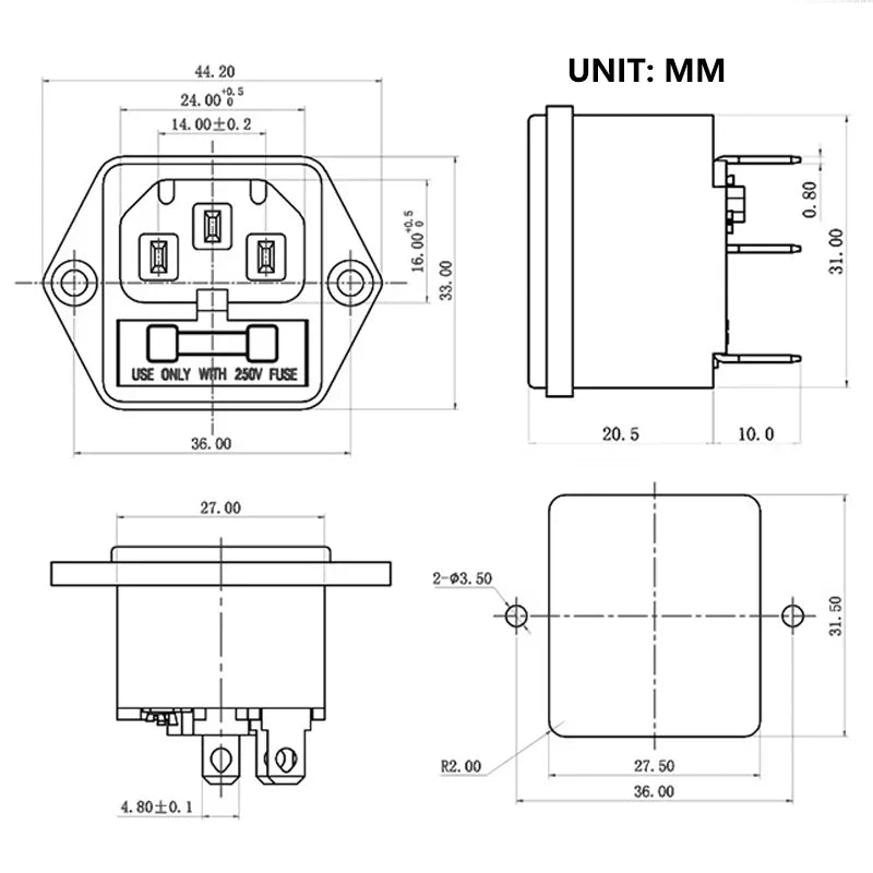10A 250V Inlet Module Plug Rocker Switch Male Power Socket 3 Pin IEC320 C14 Switch + Fuse New