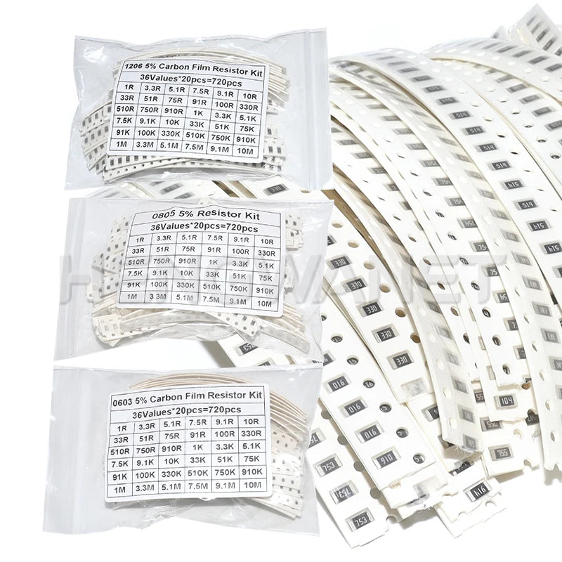 720pcs 0603 0805 1206 SMD Resistor Kit 1R-100M 10K 100K 1K 1R 100R 220R 5% Electronic Set