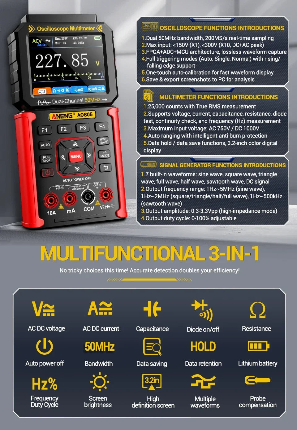 Dual-channel Oscilloscope Rechargeable 50MHz Bandwidth 200MSa/s Sampling Smart Automatic 3-in-1 Detector 25000 Count ANENG AOS05