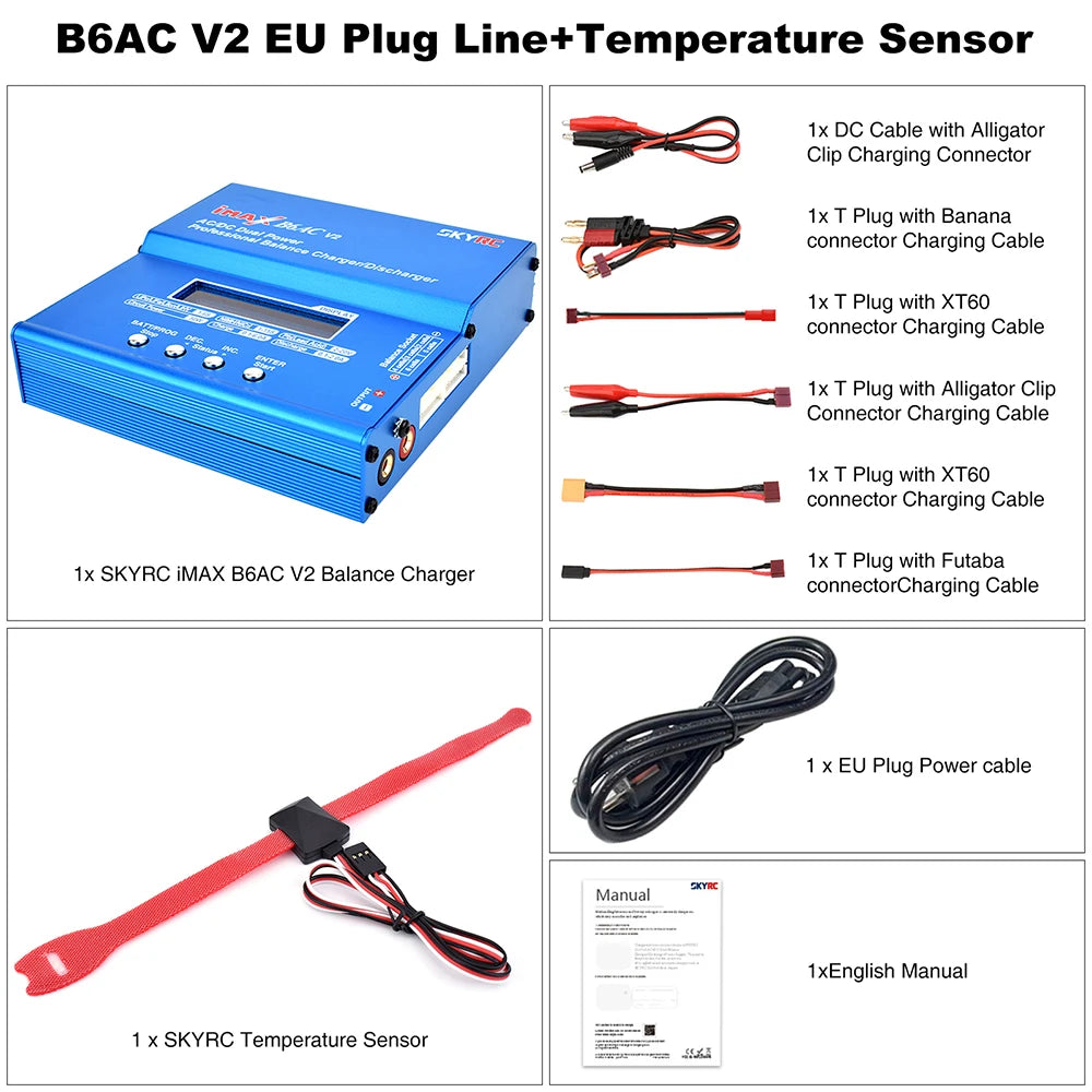 SKYRC Lipo Charger IMAX B6 EVO B6 V2 B6 Mini B6AC V2 Balance Battery Charger Discharger with Adapter Temperature Sensor 6A 1-6S
