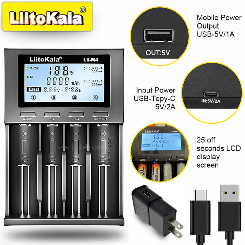 LiitoKala for 18650/26650/AA/AAA Li-ion/Ni-MH LCD Display Safe Fast Charging Lii-M4/M4S 4-Slot Smart Charger