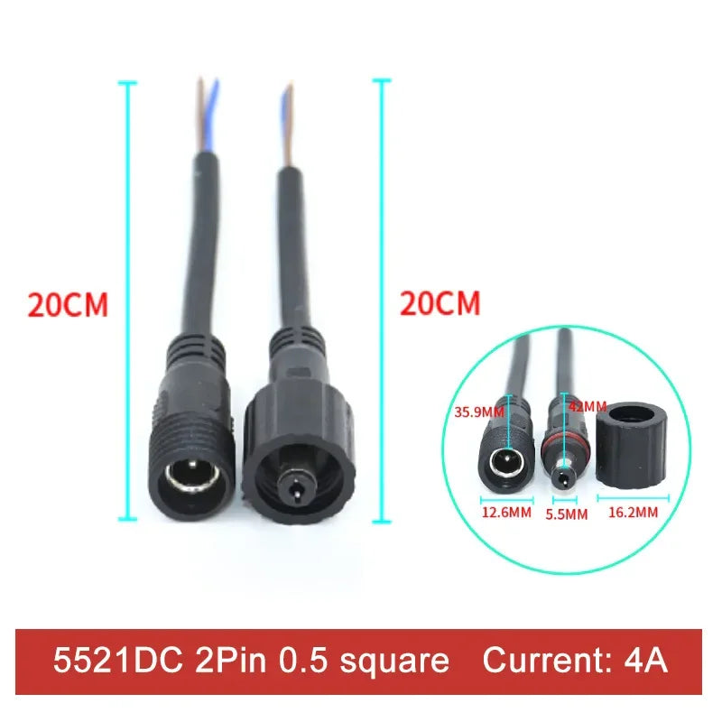 2Pin M8 M10 M12 M14 5521DC Mini Plug Male Female Butt Plug with Wire Solar Light Car PVC Waterproof Connector Plug 5.5x2.1dc