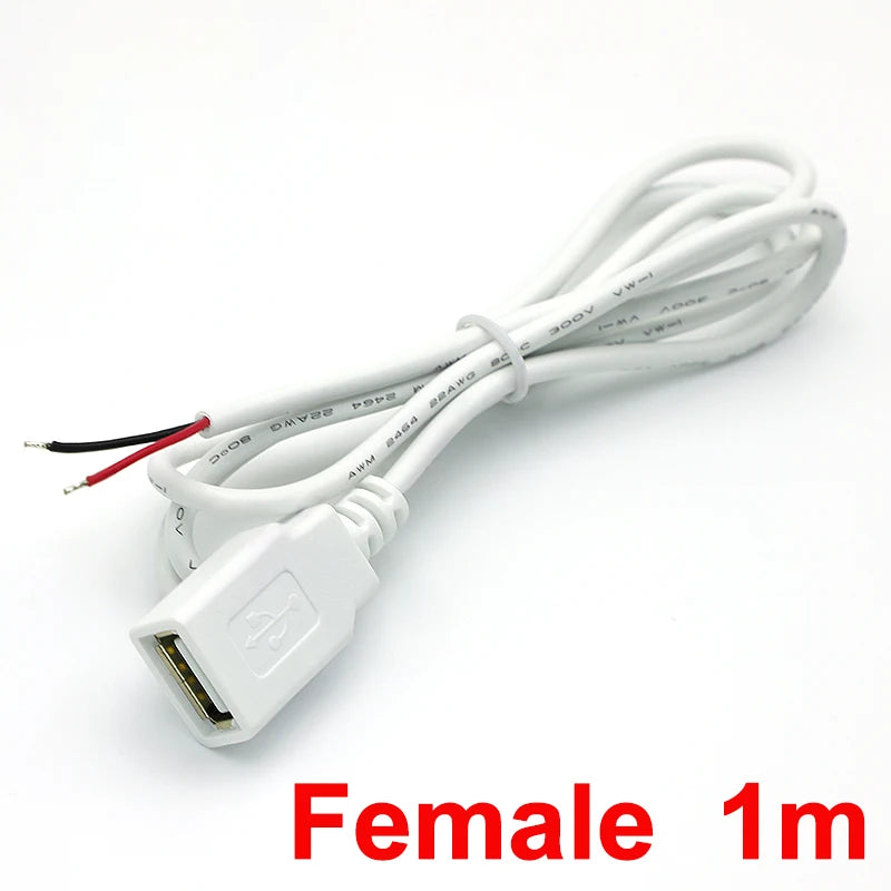 0.3m/1m/2m USB Power Supply Cable 2 Pin USB 2.0 A Female Male Charger Charging Cord Extension Connector DIY White Wire